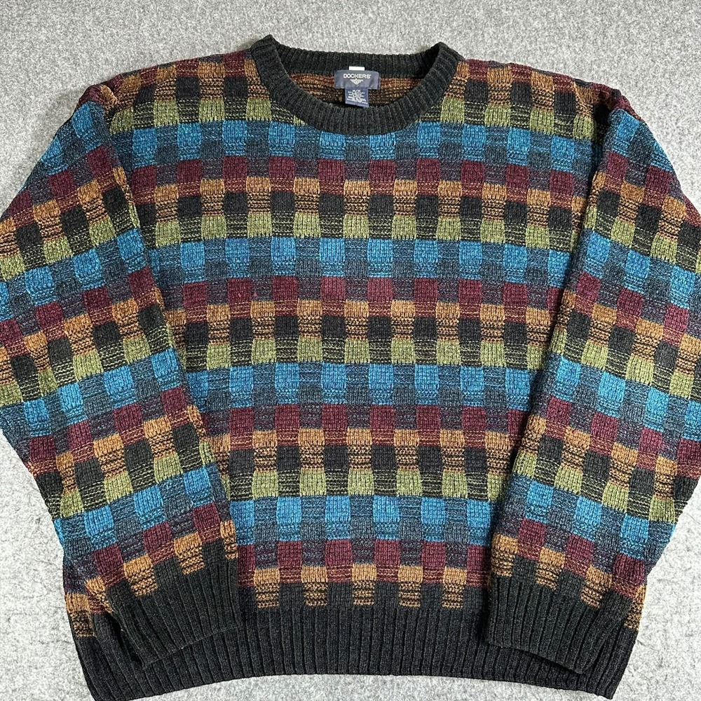 Vintage Multicolor Sweater Men's Medium Geometric‎ Pattern Dockers Long Sleeve